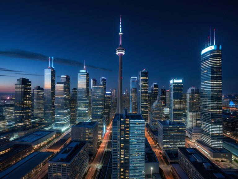 Certified electricians performing a Commercial LED Lighting Installation in a large industrial warehouse in Toronto, improving energy efficiency and lighting quality.