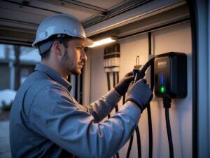 Expert EV charger installation services for residential homes in Aurora, Ontario, showing a Level 2 home charger mounted inside a garage.