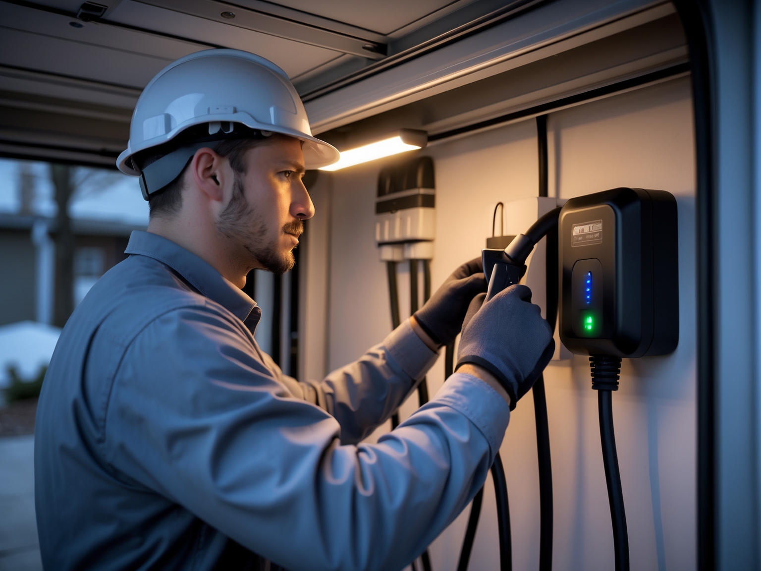 Expert EV charger installation services for residential homes in Aurora, Ontario, showing a Level 2 home charger mounted inside a garage.