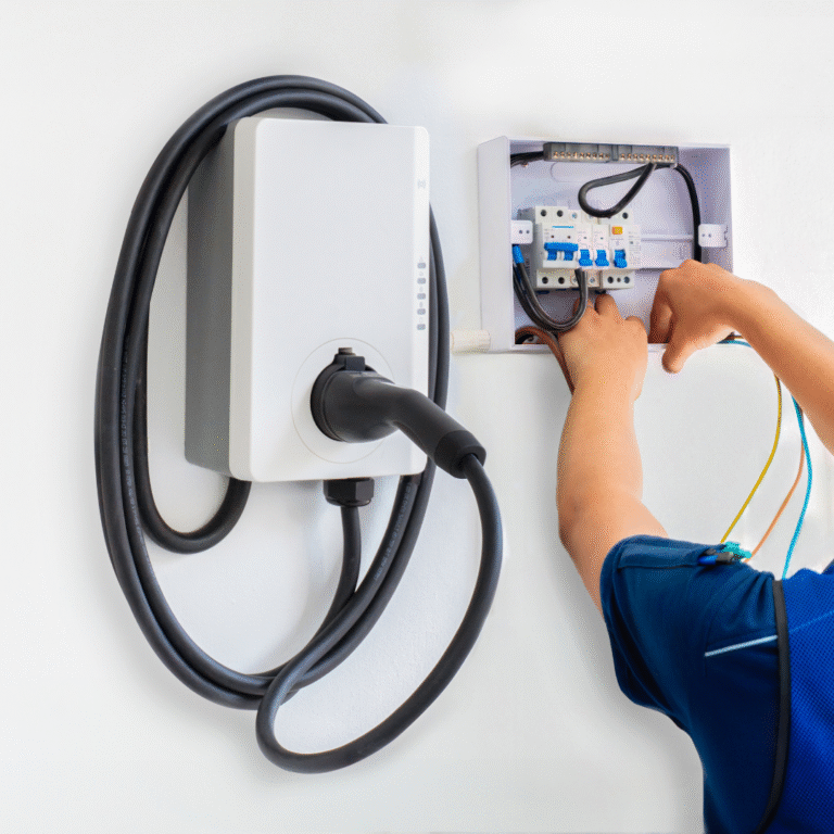 Close-up of electrical panel upgrade for supporting electric vehicle charger installation with certified electrician working.