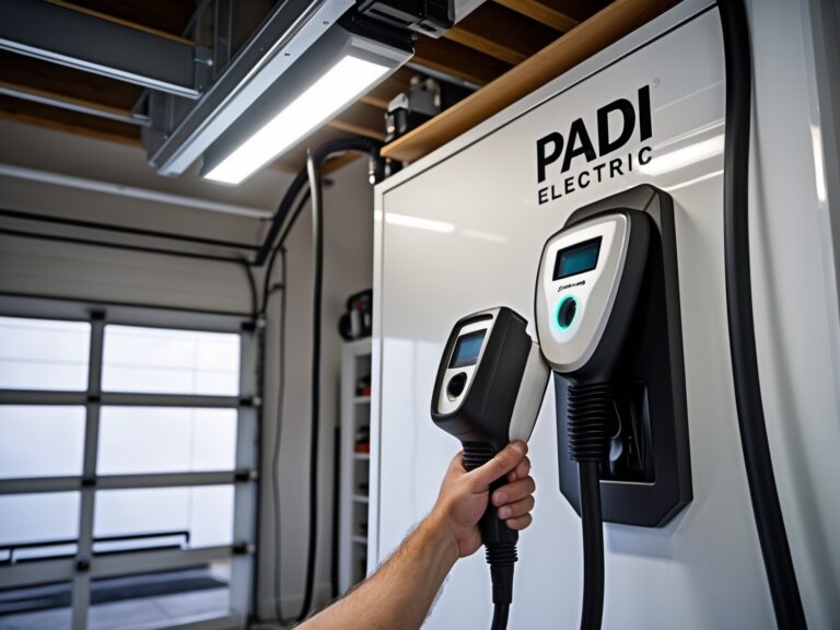 "Licensed electrician performing EV Charger Installation Services in Aurora for a residential property using a Level 2 charging station."