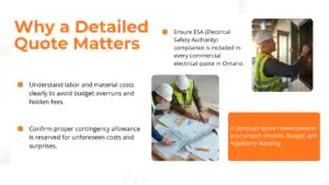 licensed electrician reviewing cost factors in commercial electrical work