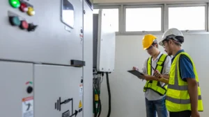 Licensed electrician performing common commercial electrical services in an Ontario office 