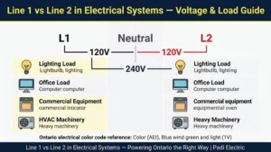 Line 1 vs Line 2 in Electrical Systems — color-coded wiring diagram showing L1, L2, and neutral conductors
