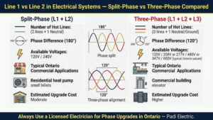 Line 1 vs Line 2 in Electrical Systems — split-phase panel layout used in Ontario commercial properties