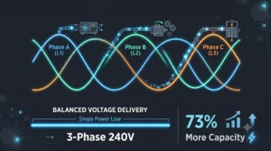 3-Phase 240V systems power elevators, escalators, and data centers with balanced continuous supply