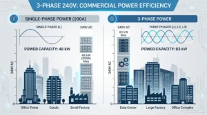 3-Phase 240V systems power EV fast chargers and high-capacity machinery in mixed-use developments