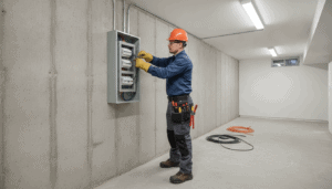 Electrician performing an Electrical Panel Upgrade in Aurora home basement: Cost, Timeline and What to Expect (2026)