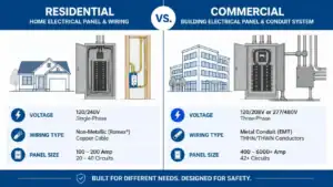 Commercial vs Residential Electrical panel size and amperage differences illustrated