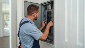 Licensed technician performing Emergency Electrical Repair Service on residential panel in Mississauga