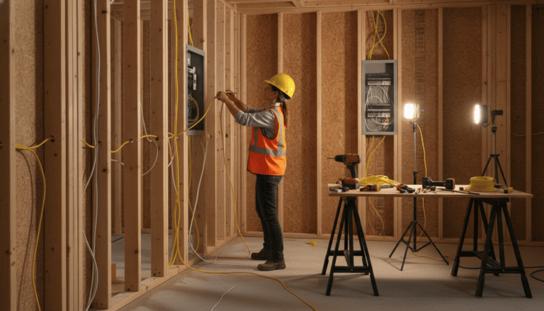 Basement wiring in Aurora ON — licensed electrician running rough-in cable through basement framing