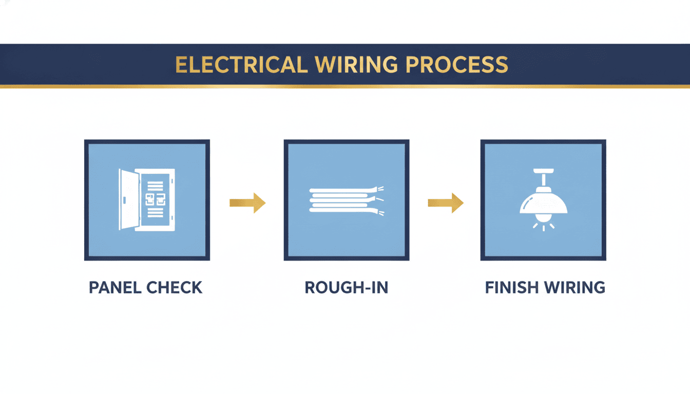 Basement electrical wiring process — Panel Check, Rough-In, and Finish Wiring steps illustrated