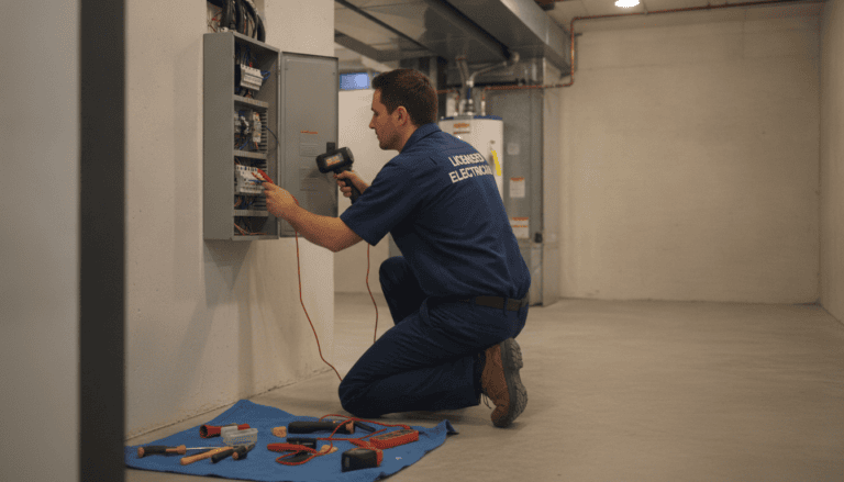 Licensed electrician performing a home electrical safety inspection in Aurora on an open residential panel