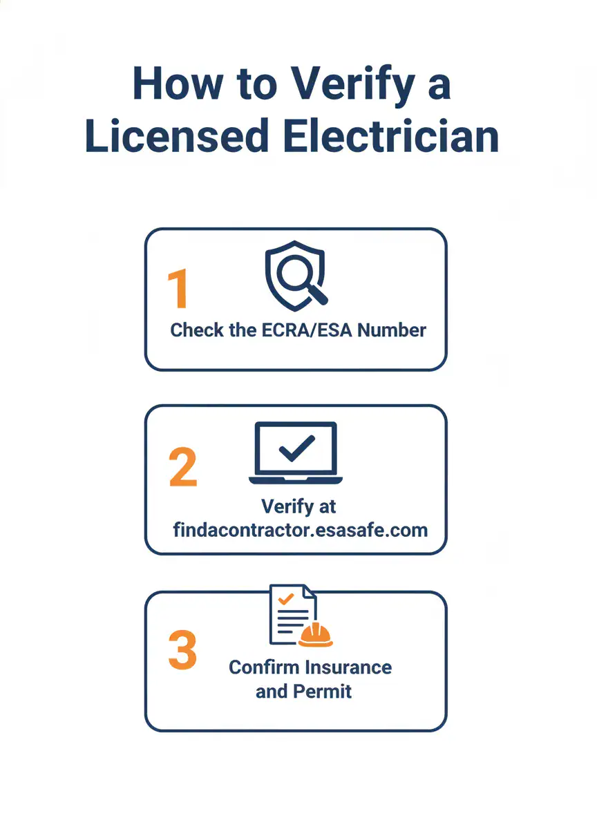 Three steps to verify a licensed electrician in Ontario: check the ECRA/ESA number, verify at findacontractor.esasafe.com, confirm insurance and permit