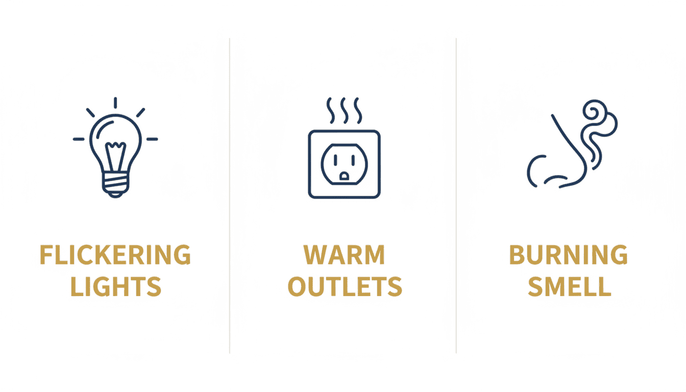 Warning signs of failing aluminum wiring: flickering lights, warm outlets, burning smell