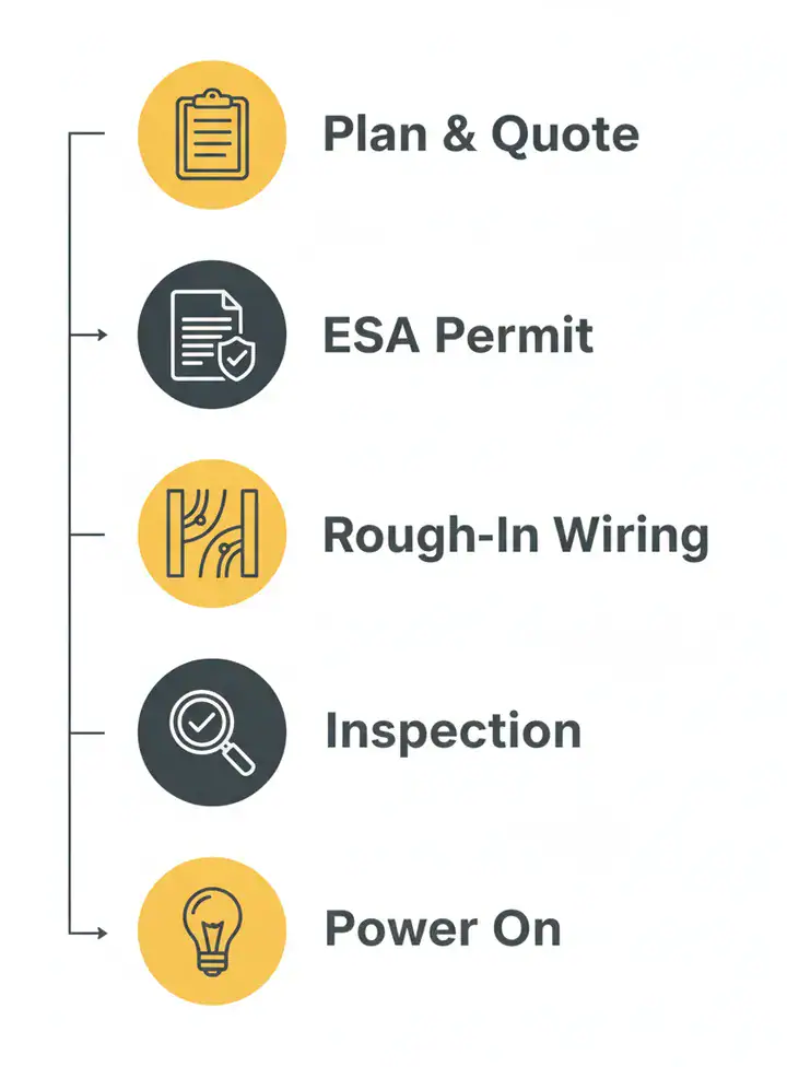 New construction electrical process: plan and quote, ESA permit, rough-in wiring, inspection, power on
