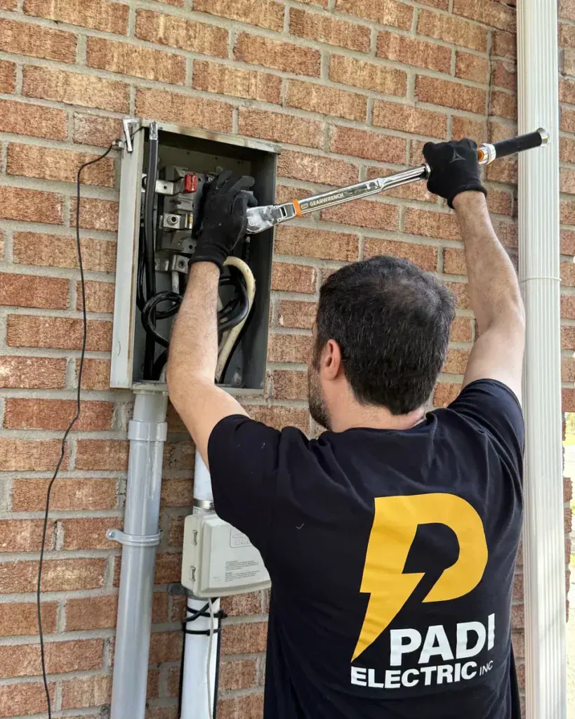 Padi Electric electrician working on an electrical panel and meter during a panel upgrade