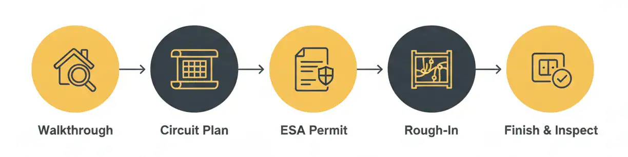 Renovation electrical process: walkthrough, circuit plan, ESA permit, rough-in, finish and inspect