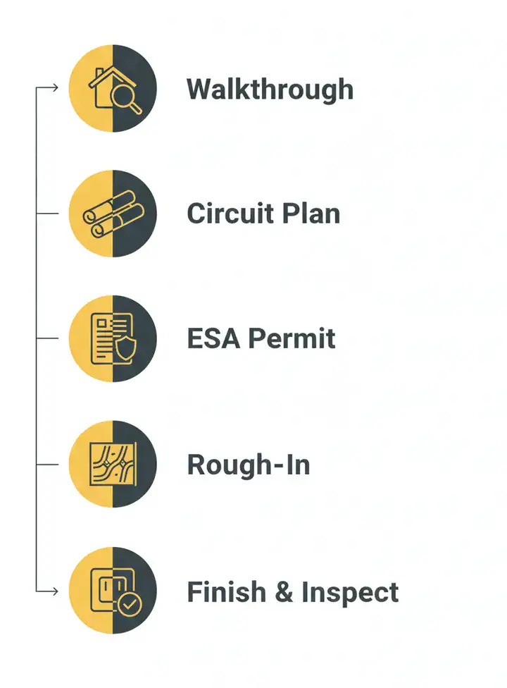 Renovation electrical process: walkthrough, circuit plan, ESA permit, rough-in, finish and inspect