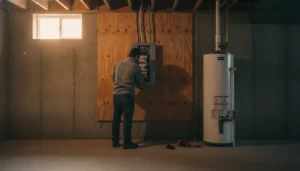 Electrician working on a residential electrical panel in an Ontario basement during a panel upgrade