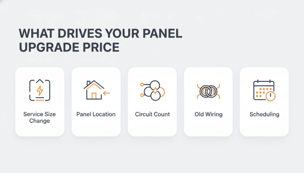 What drives electrical panel upgrade cost in Ontario: service size change, panel location, circuit count, old wiring and scheduling