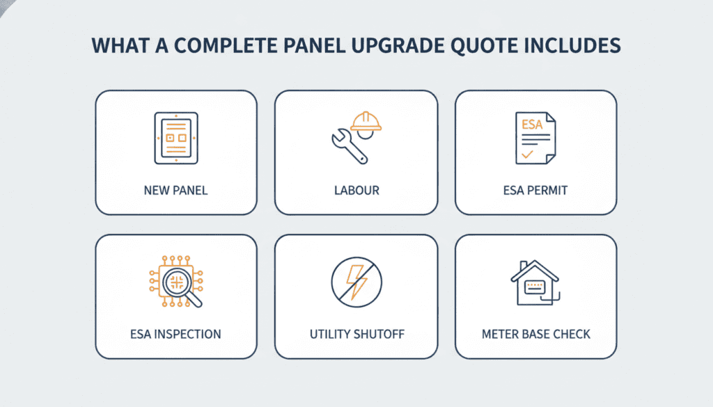 What a complete electrical panel upgrade quote includes: new panel, labour, ESA permit, ESA inspection, utility shutoff and meter base check